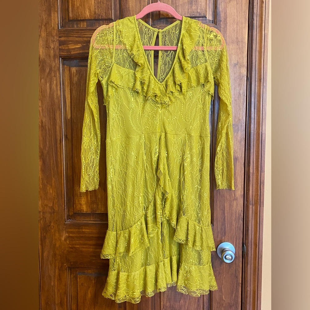 Lace Ruffle Long-Sleeve Midi Dress in Ochre